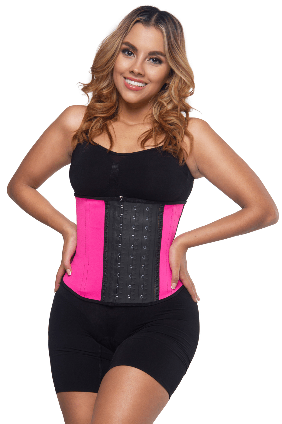 Best waist trainer for the gym. workout waist shaper. shape your midsection effortlessly. Cuves. lose inches fast. 3 rows of hooks. Adjustable comfort. back and posture support. Pink waist trainer. Squeez Me Skinny