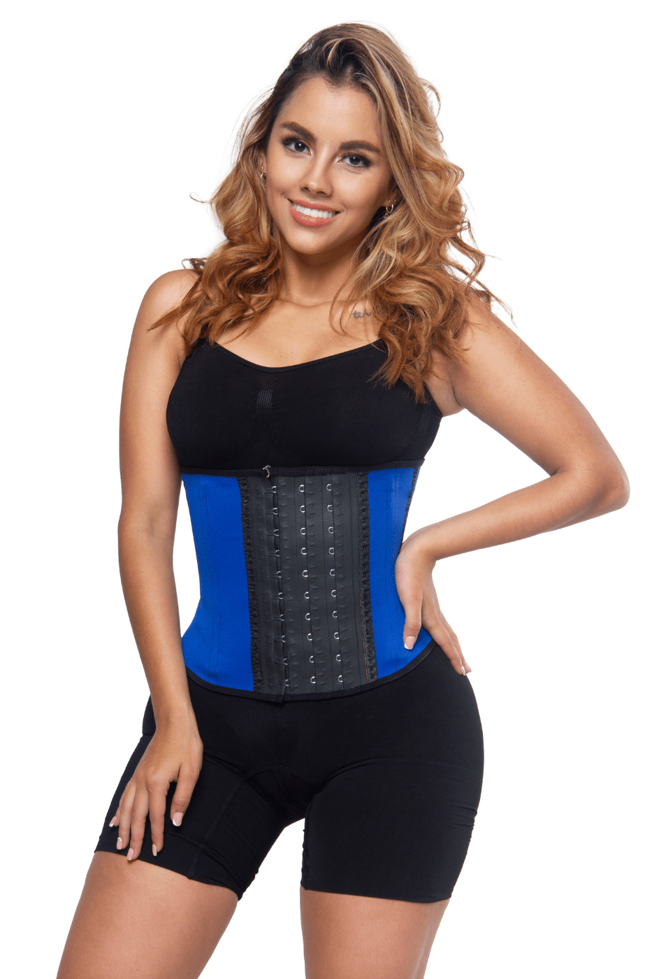 Best waist trainer for the gym. workout waist shaper. shape your midsection effortlessly. Cuves. lose inches fast. 3 rows of hooks. Adjustable comfort. back and posture support. Blue waist trainer. Squeez Me Skinny