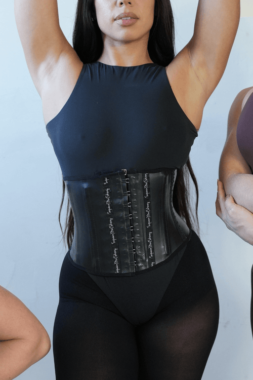 Short torso black latex tightest fitting waist trainer