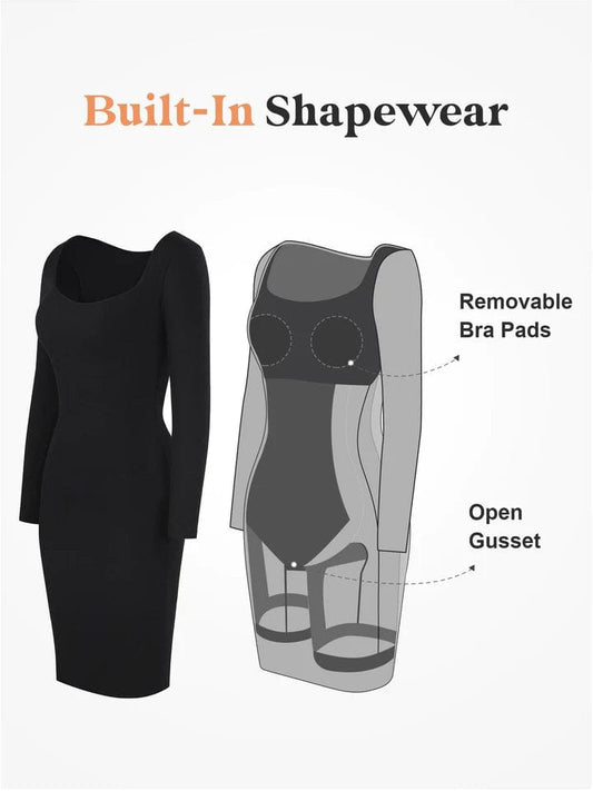 SqueezMeSkinny Sculpt & Style Long Sleeve Midi Dress with Built-In Shapewear