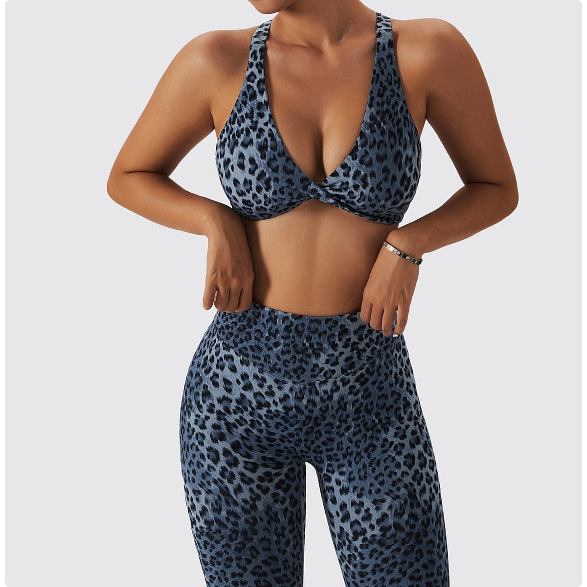 Women's Aqua Leopard Animal Print Sports Bra V-neck T-back Yoga